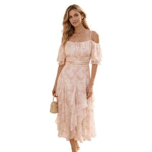 Romantic Cottagecore Floral Off Shoulder Midi Dress Pink Ruffle